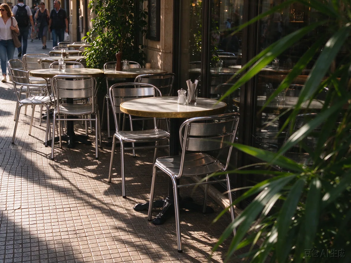 Doubao street café image before and after visible watermark removal: Result