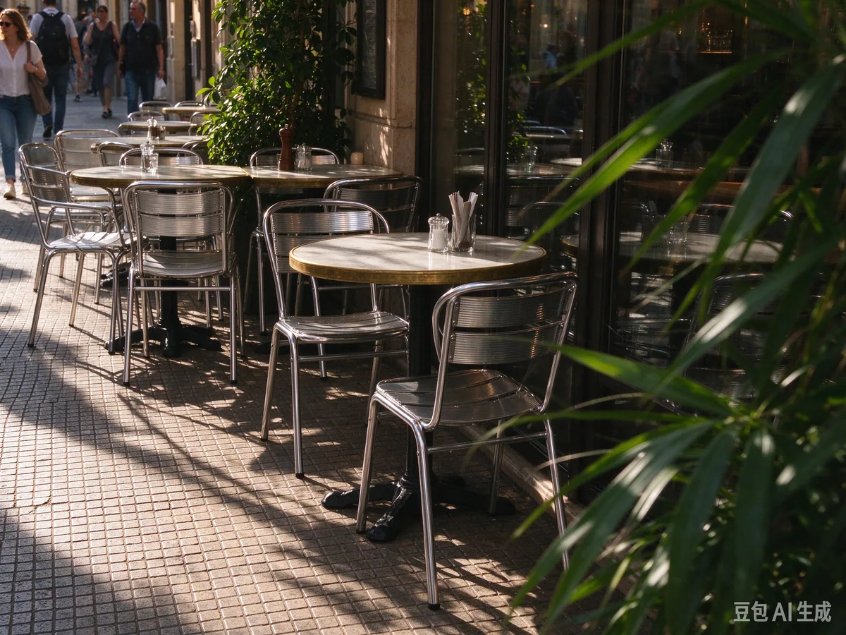 Doubao street café image before and after visible watermark removal: Original